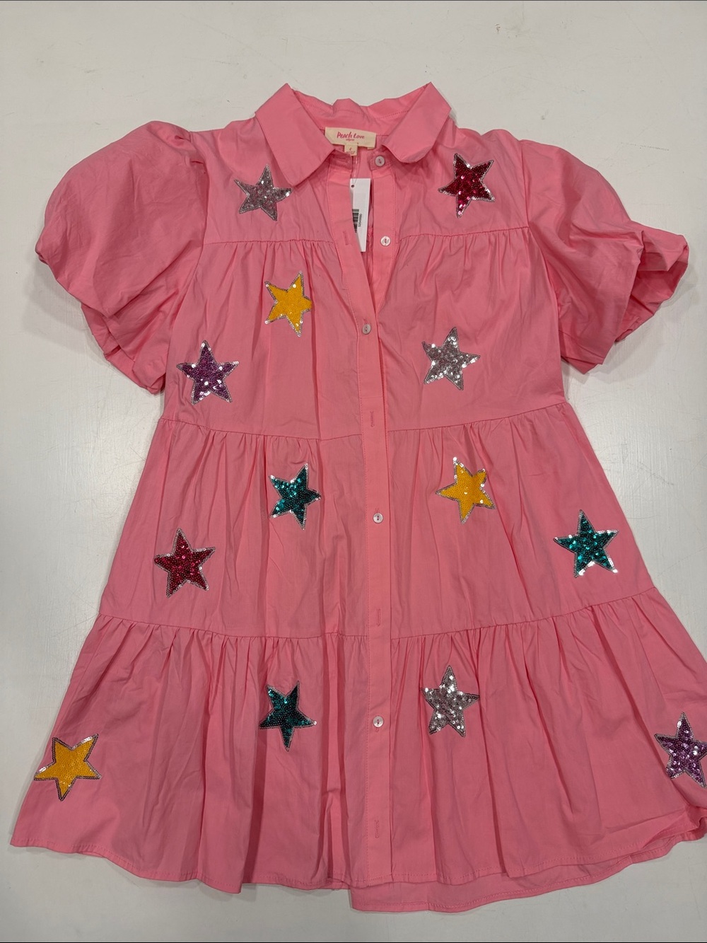 Peach Love California Pink Tiered Dress with Multicolor Sequin Stars